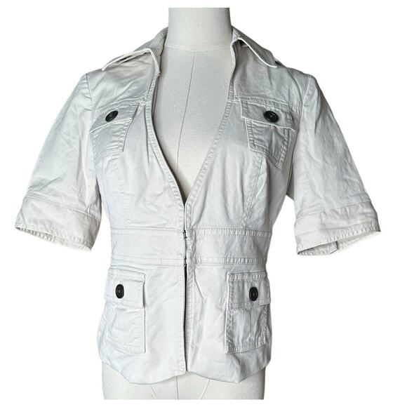 London Jean Chino Light Khaki Beige Short Sleeve Safari Jacket Y2K V Neckline S - Picture 1 of 8